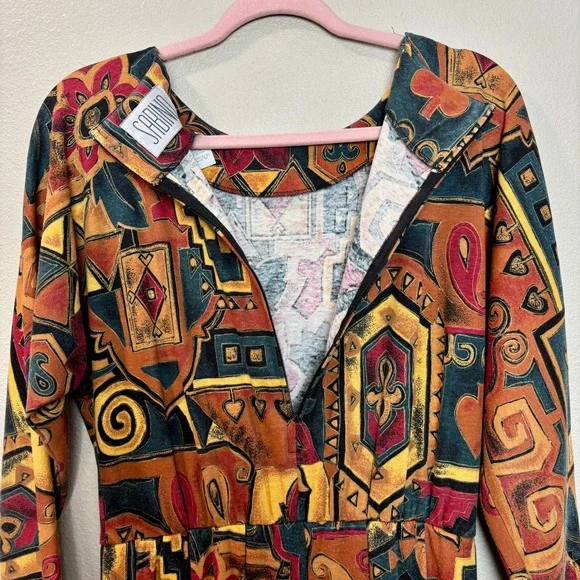 Sabino Vintage 80s‎ Midi Dress Abstract Print Belted Long Sleeve Size 6 Bohemian - Picture 14 of 16